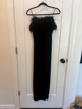 Vintage Aspeed Black Feather-Trim Maxi Dress